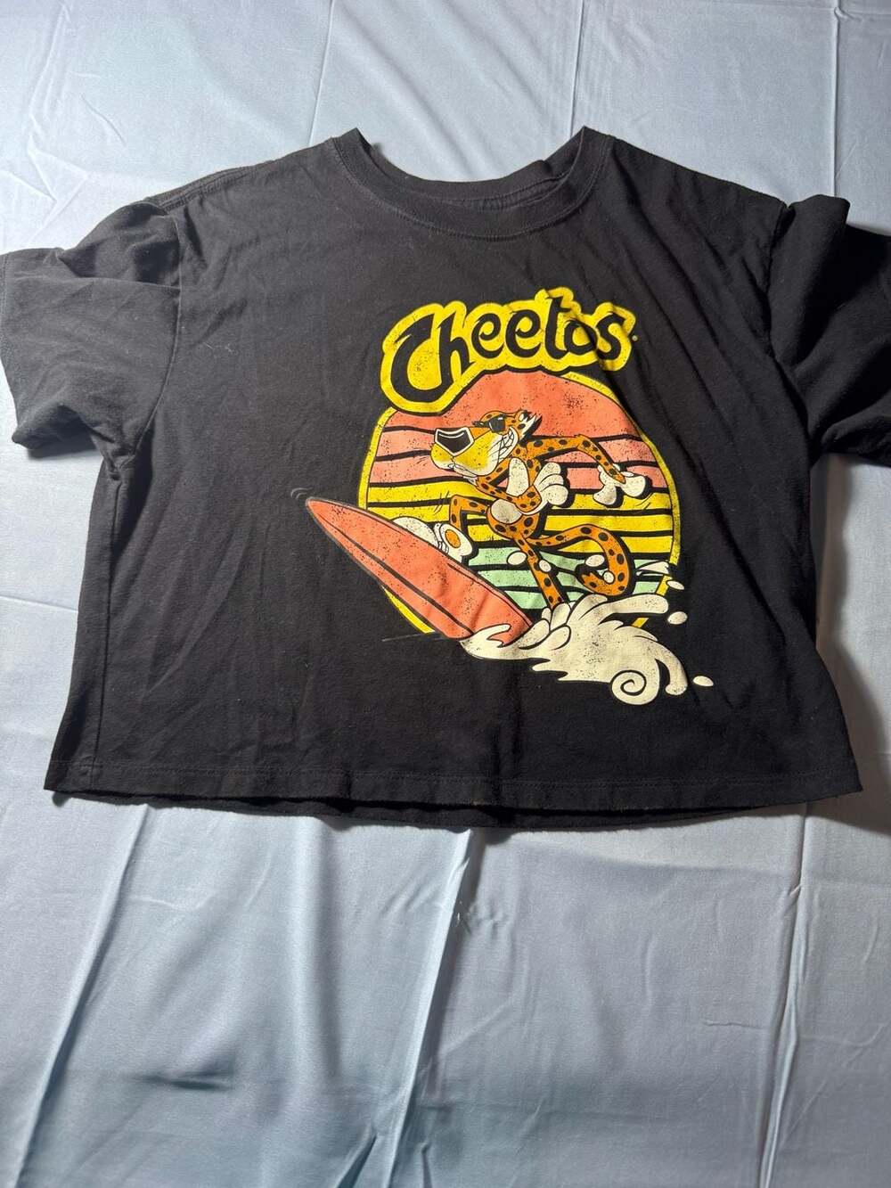 Cheetos Chester Cheetah Catch Waves Surf Graphic Crop Top T-Shirt Black SM